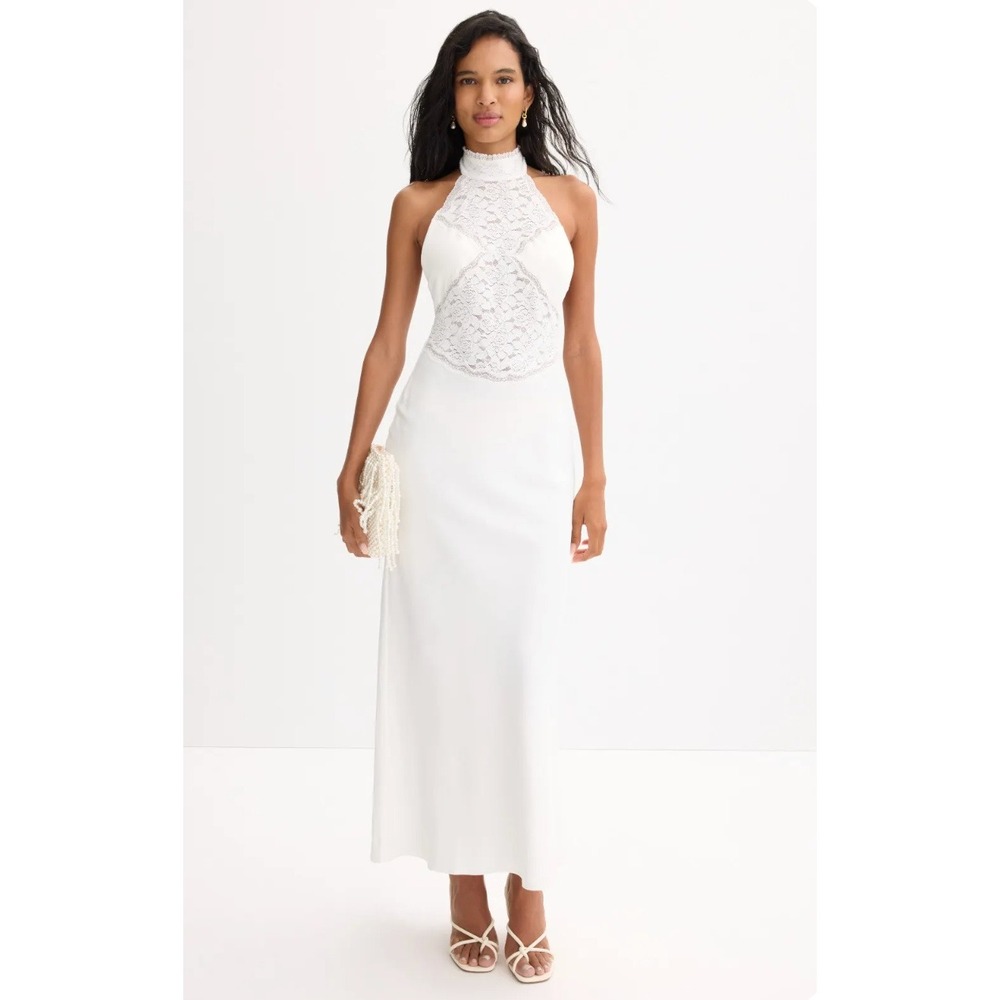 Third Form Serenade Lace Halter Maxi Dress White Back Satin Slip Womens Size 6